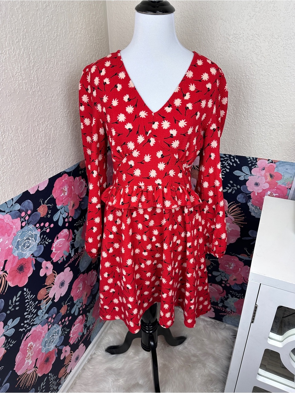 ASOS Miss Selfridge Red Floral Ruffled Long Sleeve Babydoll Dress Size 6